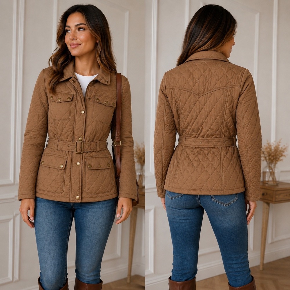 Women's Camel Quilted Belted Jacket Equestrian Preppy Puffer Coat Spain US8/EU40 - Picture 2 of 14